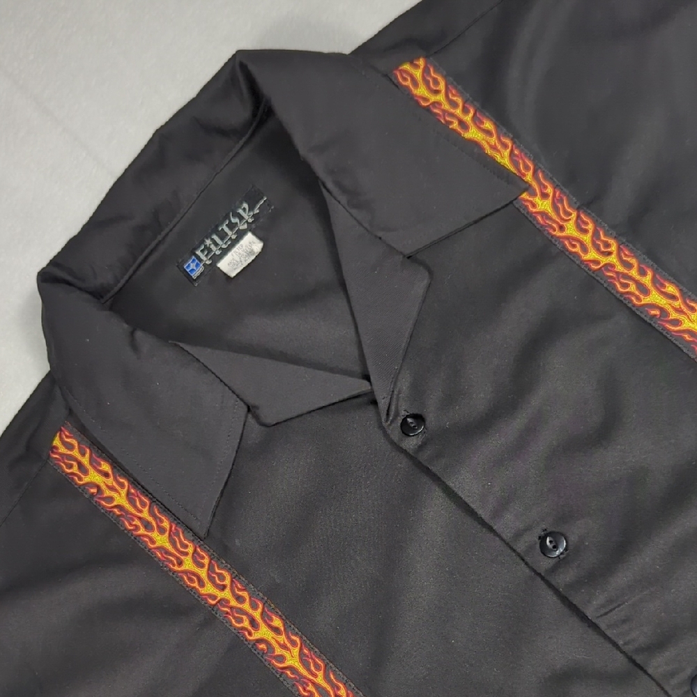 Vintage Filter Striped Flames Bowling Shirt Short‎ Sleeve Button-up Mens XL